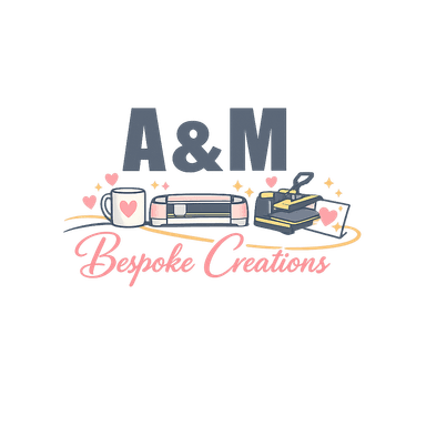 A & M logo with bold name and icons of mugs, cricut machine and a heat press, showcasing the machinery they have available